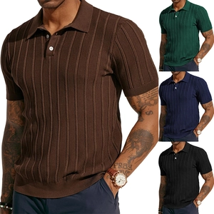 Men Casual Knit Polo Shirt Short Sleeve Ribbed Vertical Stripe Lapel Lightweight Breathable Summer Top For Men Fashion