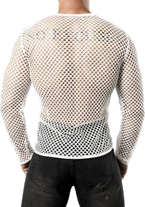 Detail of white hollow-out mesh fabric and knit texture on men's long sleeve top