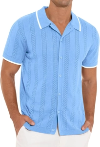Detail of light blue knit polo shirt with breathable hollow wave texture and white trim