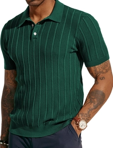 Close-up of dark green men's polo shirt featuring vertical knit texture and buttoned collar