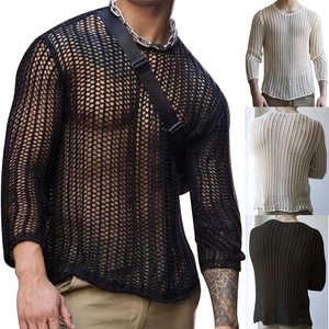 Maglione in Maglia a Rete Traforato da Uomo Girocollo Manica Lunga Traspirante Estivo Streetwear Hip Hop Beige Nero