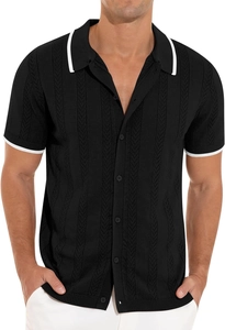 Detail of black knit polo shirt featuring contrast white piping and intricate weave textures