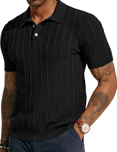 Close-up of black short sleeve knit polo shirt showing fine vertical ribbed texture