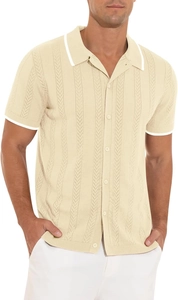 Detail of men's knit polo shirt featuring vertical cable pattern and contrast trim