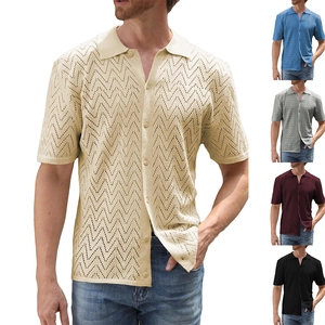 Men Knitted Polo Shirt Short Sleeve Hollow Out Wave Texture Breathable Top Casual Retro Vacation Knitwear Cardigan For Men