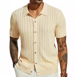 Men's knitted short sleeve polo shirt in cream with vertical textured stripes and buttons
