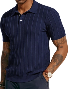 Detailed view of dark blue knit polo shirt with vertical stripes and white buttons