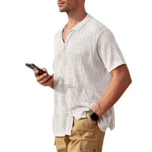 Men's knitted short sleeve shirt in pearl white with breathable grid mesh texture