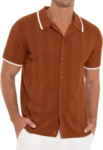 Detail of rust brown knitted polo shirt with white contrast piping and woven texture