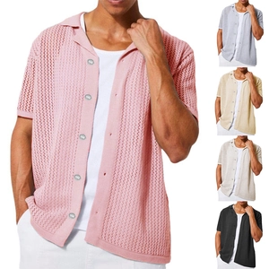 Men's short sleeve hollow knit cardigan with breathable mesh texture and classic lapel collar