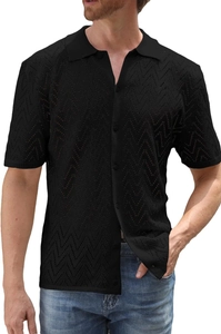 Detail of black knit polo shirt featuring an intricate hollow wave texture and ribbed cuffs