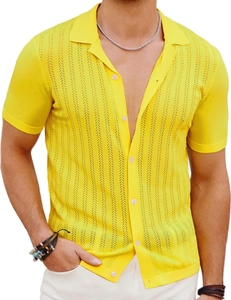 Detailed close-up of yellow knit polo shirt showing breathable hollow mesh texture