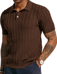 Close-up of deep brown men's ribbed knit polo shirt featuring white buttons and texture