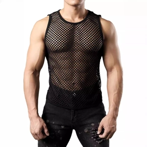 Men's summer black hollow fishnet vest with breathable mesh and casual crewneck design