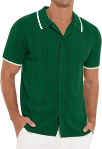 Detail of forest green knit polo with herringbone texture and white striped cuffs