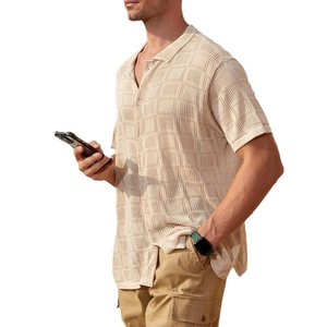 Men's beige knit short sleeve polo shirt with vintage hollow square pattern and side slits