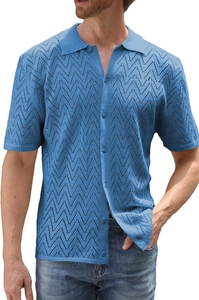 Close-up of light blue men's knit shirt showing the textured zigzag hollow pattern and polo collar