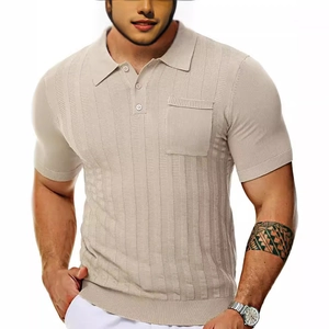 Beige knit short sleeve polo shirt for men featuring a vertical striped texture and front pocket
