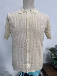 Close-up of men's knit polo shirt featuring breathable vertical openwork texture