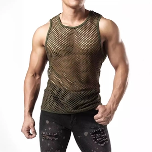 Army green mesh tank top for men with breathable hollow design for summer casual fitness