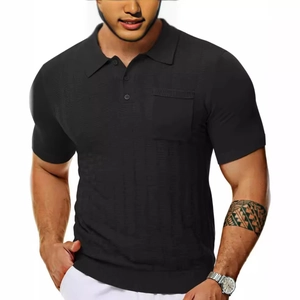 Men's black casual polo shirt with vertical texture, v-neck pocket and short sleeves