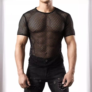Men's black mesh short sleeve T-shirt with hollow out fishnet design for gym wear