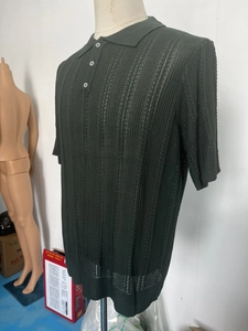 Detailed view of dark green knit polo shirt with breathable hollow texture and ribbed cuffs