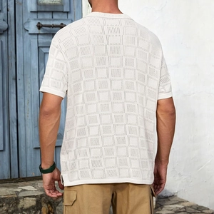 Detailed back view of a men's knit short-sleeve shirt in breathable checkerboard pattern