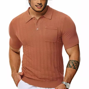 Men's brick red knit short sleeve polo shirt with V-neck collar and chest pocket