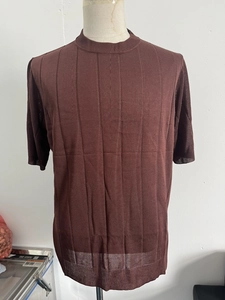 Detail shot of men's dark chestnut knit t-shirt featuring vertical ribbed texture and high crew neck