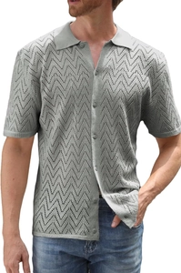 Detail of grey knitted polo shirt showing wavy hollow-out texture and soft fabric