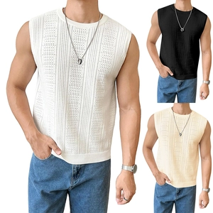 Débardeur en Tricot pour Hommes Viscose Polyester Ajouré Respirant Col Rond Sans Manches Gilet Été Décontracté Streetwear
