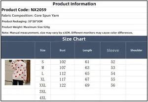 Tableau des tailles pour pull femme à motif cœur avec mesures de buste et longueur S-XXL