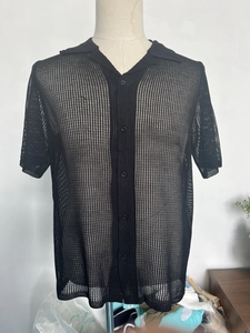 Close-up of black short-sleeve knit shirt featuring vertical mesh hollow-out texture