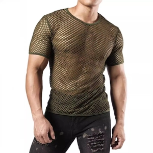Men's army green mesh hollow short sleeve t-shirt with crew neck for summer fitness wear