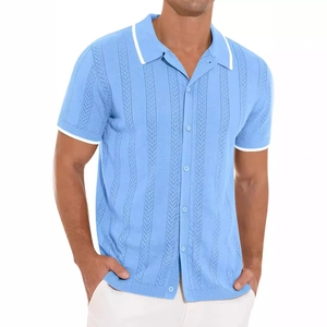 Men's light blue knit polo shirt with vertical hollow patterns and white trim