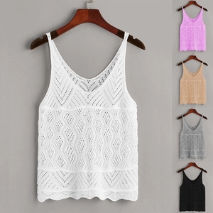 Women Crochet Hollow Out V Neck Tank Top Sleeveless Knit Camisole French Style Wave Hem Beach Vest For Women Summer