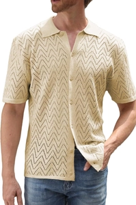 Close-up of beige knit polo shirt featuring hollow wave pattern and classic button collar