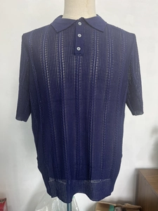 Detail of navy blue knit polo shirt showing breathable textured vertical stripe fabric