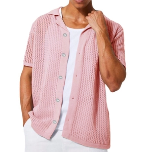 Detailed close-up of men's knit shirt showing breathable hollow texture and button closure