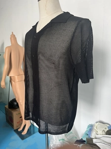 Detail shot of men's black mesh shirt showing translucent knit texture and retro collar