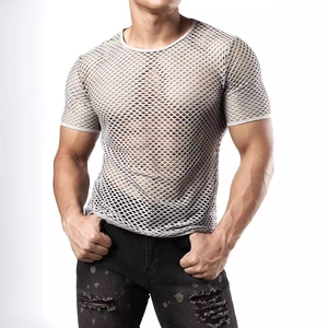 Men's slim fit mesh hollow-out short sleeve t-shirt in light grey breathable fabric