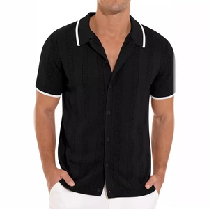 Men's black knitted polo shirt with white contrast trim and vertical stripe texture