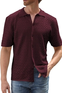 Detail of the wave hollow knit texture on a men's dark red short sleeve polo shirt