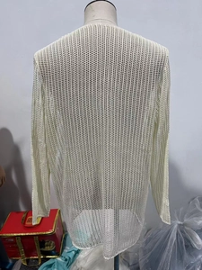 Dettaglio della maglia da uomo in maglia traforata bianca con trama a uncinetto su manichino