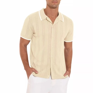 Summer men's knitted short sleeve polo shirt in beige with white trim and textured cable pattern