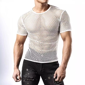 Men's slim fit white mesh short sleeve T-shirt with breathable hollow out design