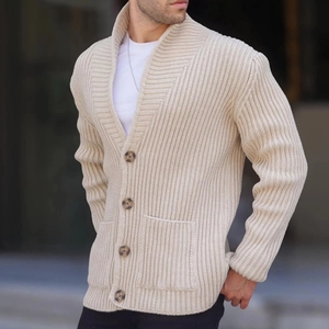 Beige men's rib-knit cardigan sweater with classic lapel collar and front buttons