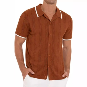 Men's rust brown knit polo shirt with hollow wave texture and white stripe trim