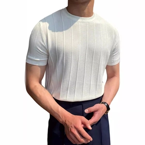 Men's white slim fit vertical striped knit t-shirt with crew neck for casual business style